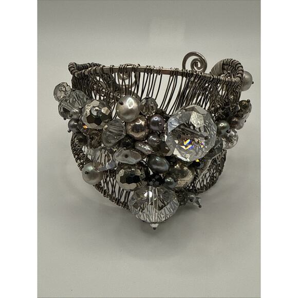 Artisan Cuff Bracelet Statement Runway Adjustable Silver Tone Wire Design - Picture 1 of 9